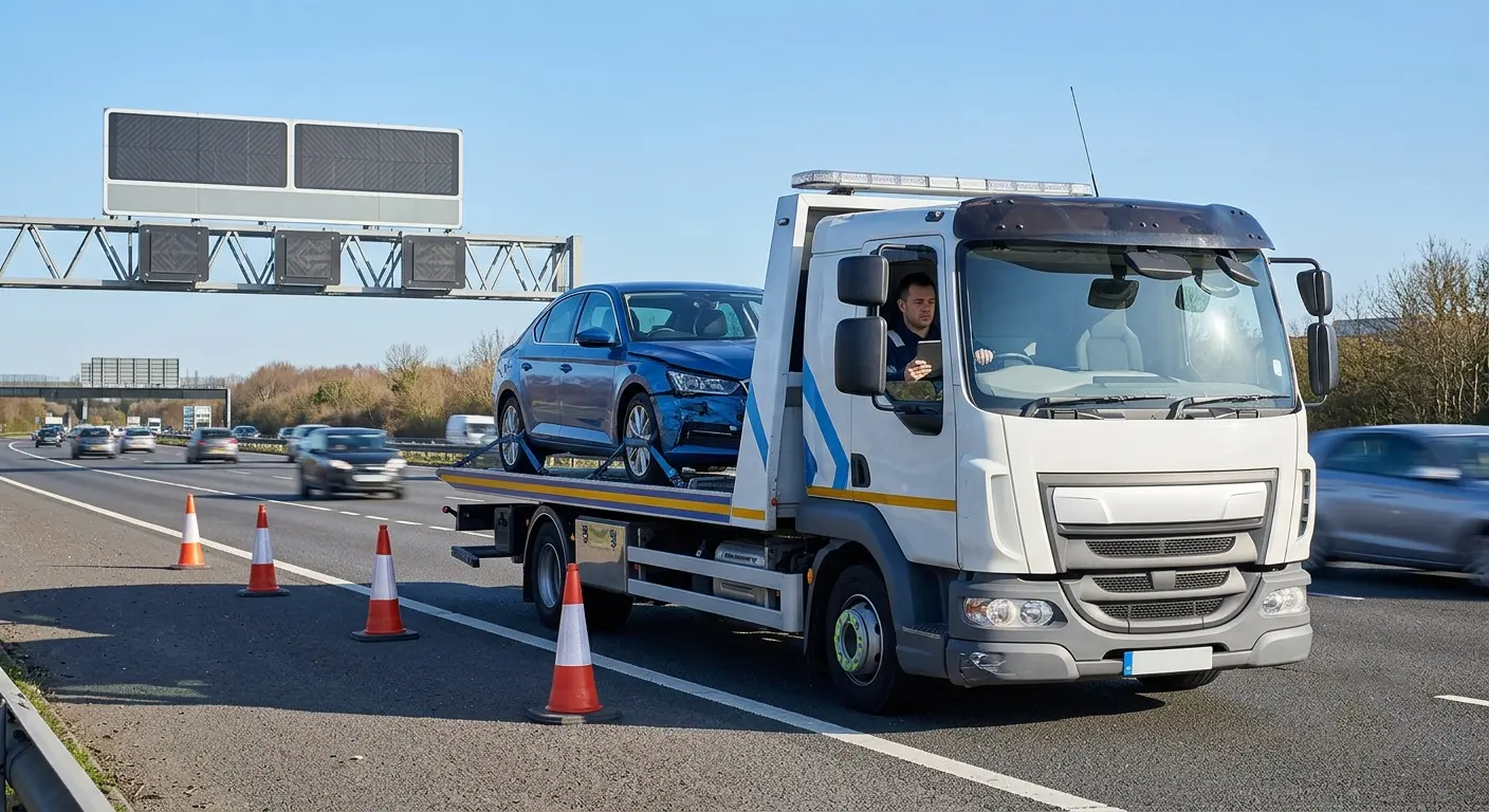 Breakdown recovery truck loading a broken-down car