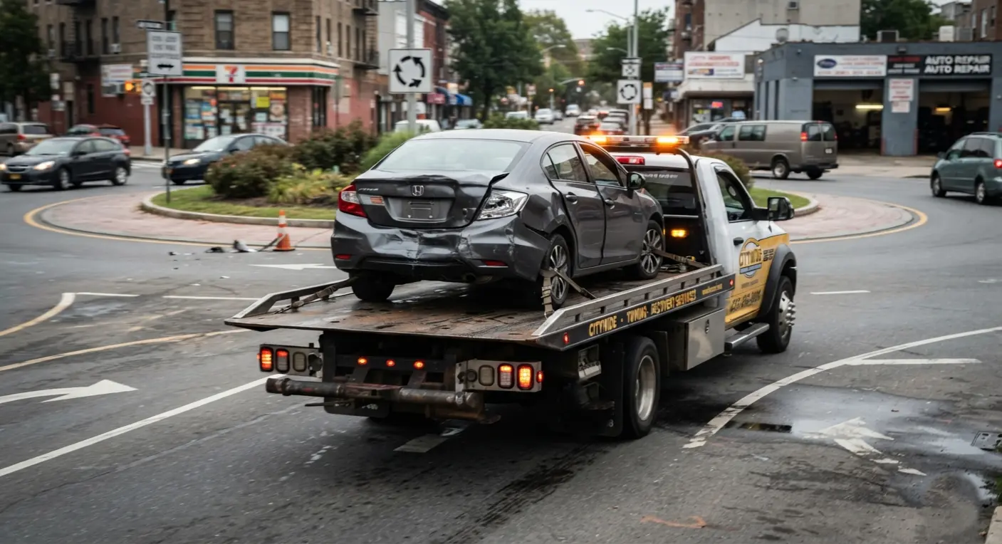 Accident-damaged vehicle being recovered