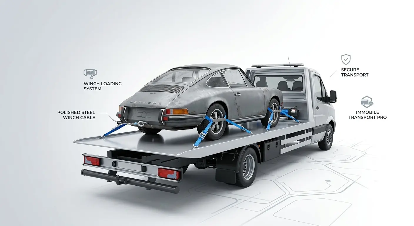 Non-running vehicle winched onto a transporter