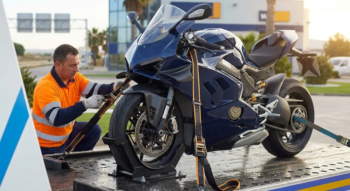 Motorcycle secured for recovery and transport