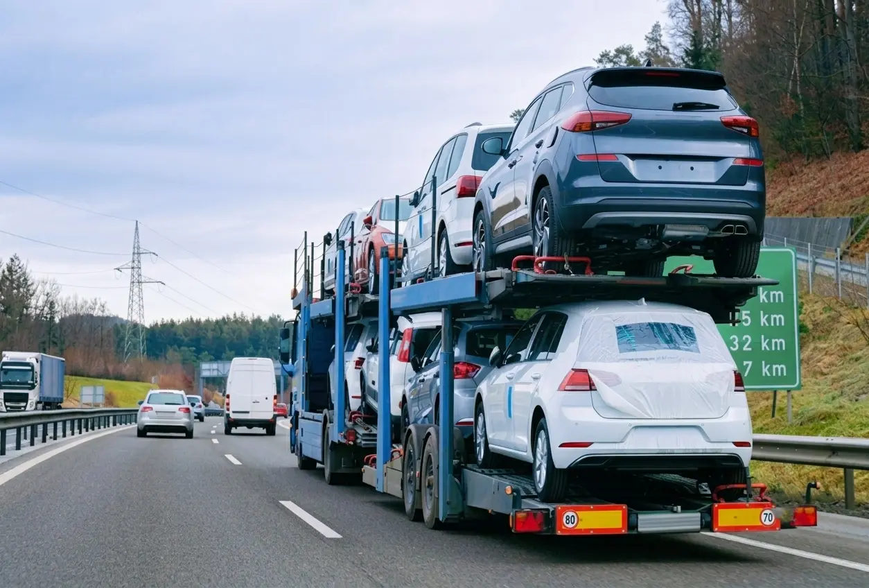 Vehicle transporter delivering a car across Spain